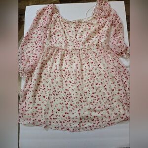 Mi Ami Women's 1X BabyDoll Dress Red and Pink Floral Print, Sheer Sleeves. Lined